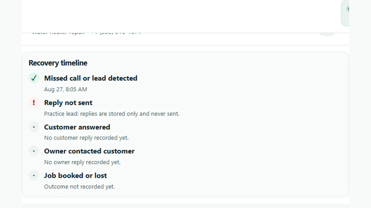 Harborline timeline with a sample missed call and no reply sent yet