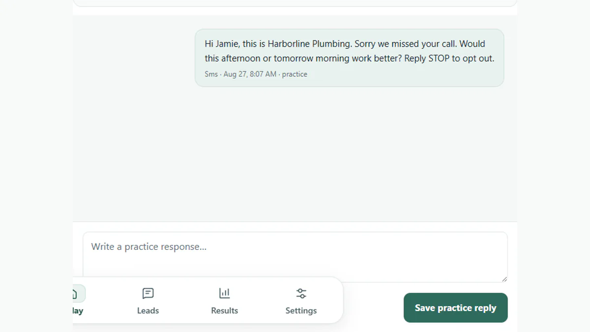 Harborline practice screen with a sample message draft and no customer contacted